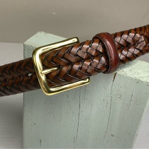 NEW Men’s Fossil Cognac Woven Leather Belt, Brass Gold Tone Buckle Size 38
